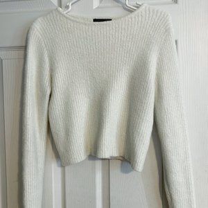 White Ribbed Knit Fuzzy Drop Shoulder Sweater